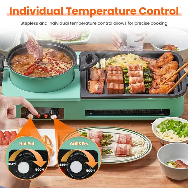 Green smokeless Korean BBQ grill and hot pot combo with dual temperature controls.