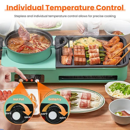 Green smokeless Korean BBQ grill and hot pot combo with dual temperature controls.