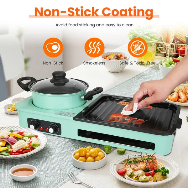 Mint green smokeless Korean BBQ grill and hot pot combo with non-stick coating, cooking salmon and vegetables.