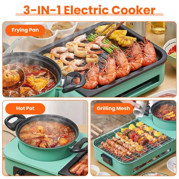 Mint green 3-in-1 electric cooker with a frying pan, hot pot, and grilling mesh, cooking shrimp and skewers.