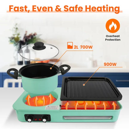 Mint green smokeless Korean BBQ grill and hot pot combo with dual-zone heating, non-stick surfaces.