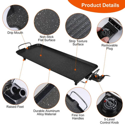 Black electric griddle with non-stick flat and strip surfaces, durable aluminum alloy, fine iron handles, and a 5-level control knob.