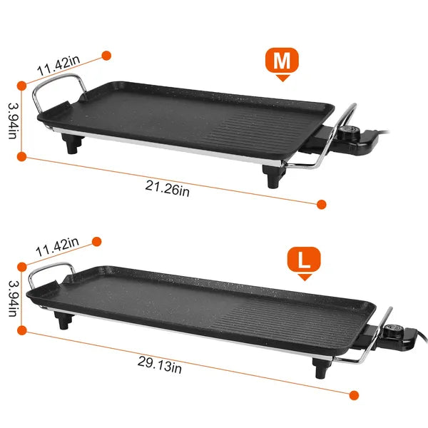 Two black electric griddles, M (21.26in) and L (29.13in), with non-stick surfaces and chrome handles.