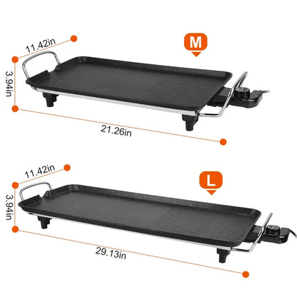 Two black electric griddles, M (21.26in) and L (29.13in), with non-stick surfaces and chrome handles.