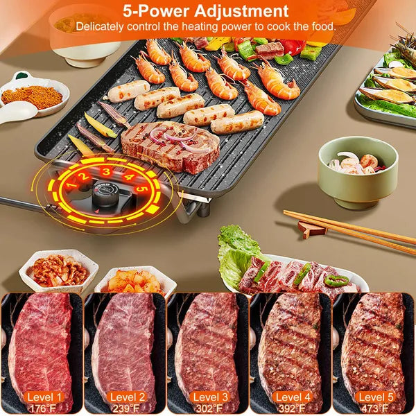 Black electric griddle cooking shrimp, steak, and sausages with a 5-power adjustment dial. Shows steak doneness levels.