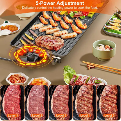Black electric griddle cooking shrimp, steak, and sausages with a 5-power adjustment dial. Shows steak doneness levels.