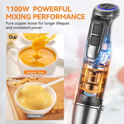 Sleek stainless steel immersion blender with 1100W motor, showing smooth vs. granular food textures.