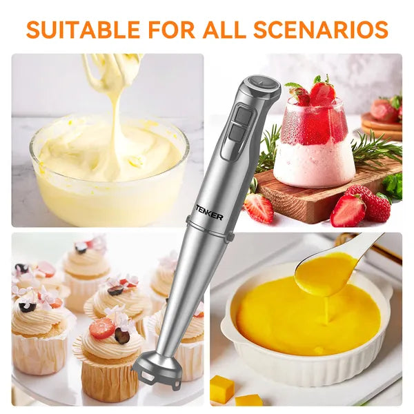 Silver stainless-steel immersion blender with whisk attachment, blending cream, smoothies, and purees.