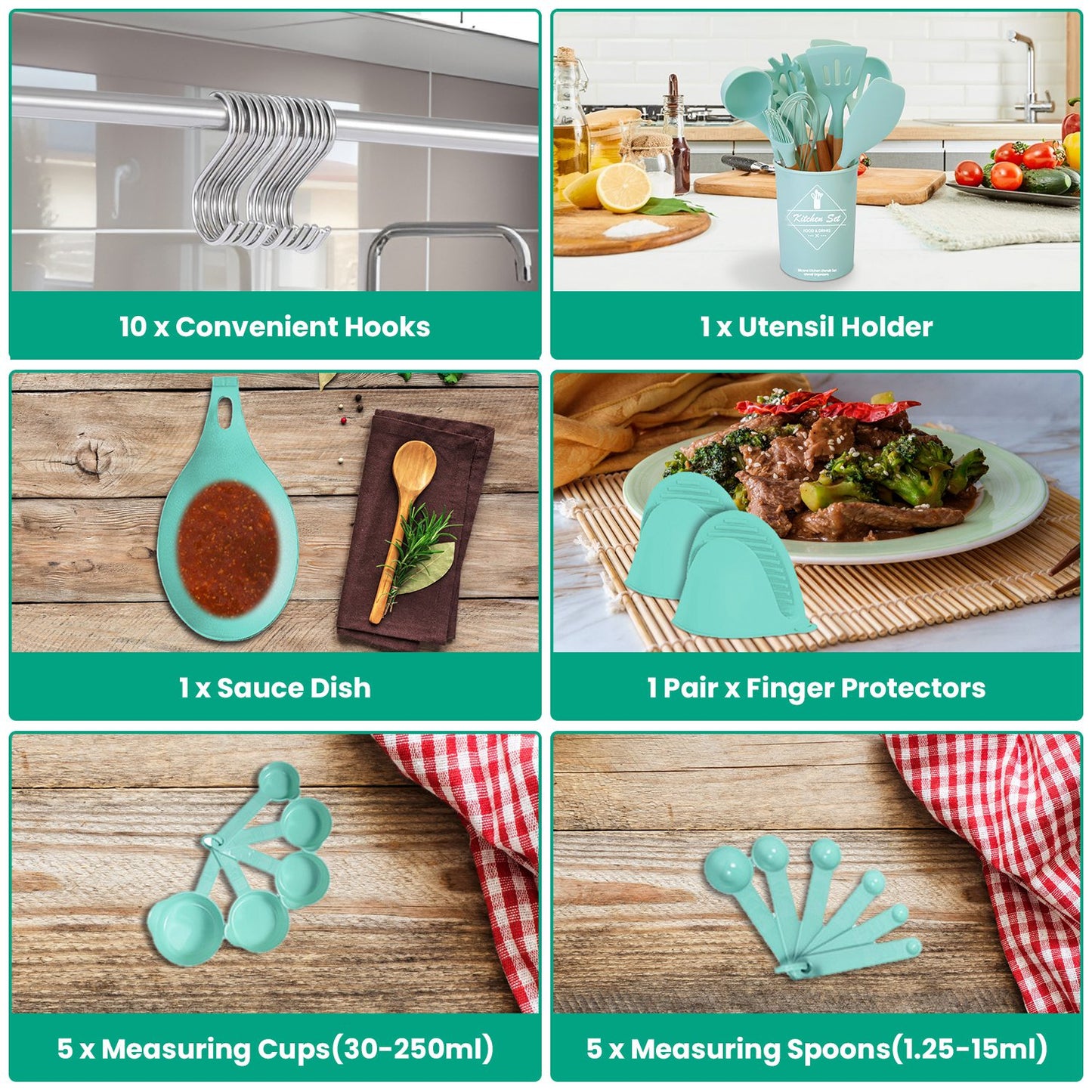 Teal silicone kitchen utensil set with holder, sauce dish, finger protectors, measuring cups, and spoons.