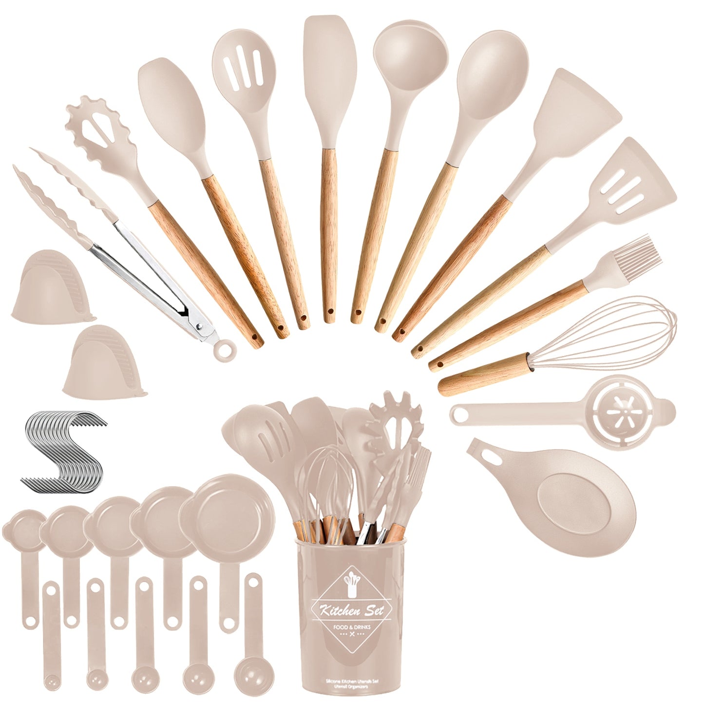 35-piece beige silicone and wood kitchen utensil set with measuring cups, spoons, and a matching holder.