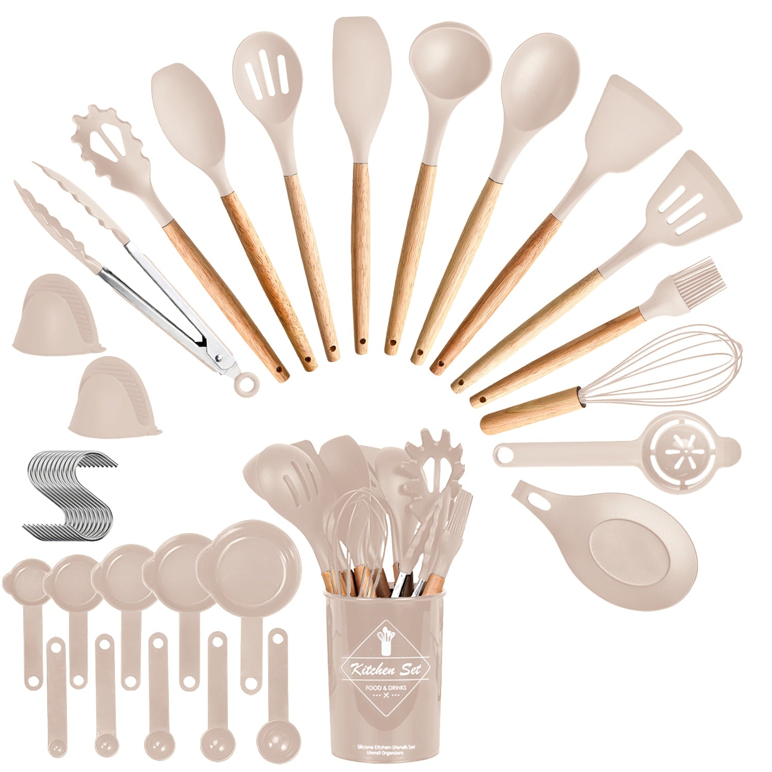 35-piece beige silicone and wood kitchen utensil set with measuring cups, spoons, and a matching holder.