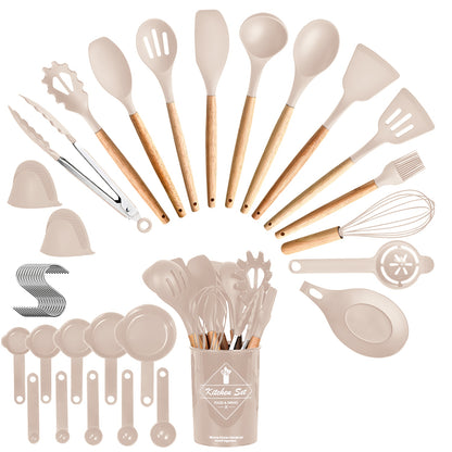 35-piece beige silicone and wood kitchen utensil set with measuring cups, spoons, and a matching holder.