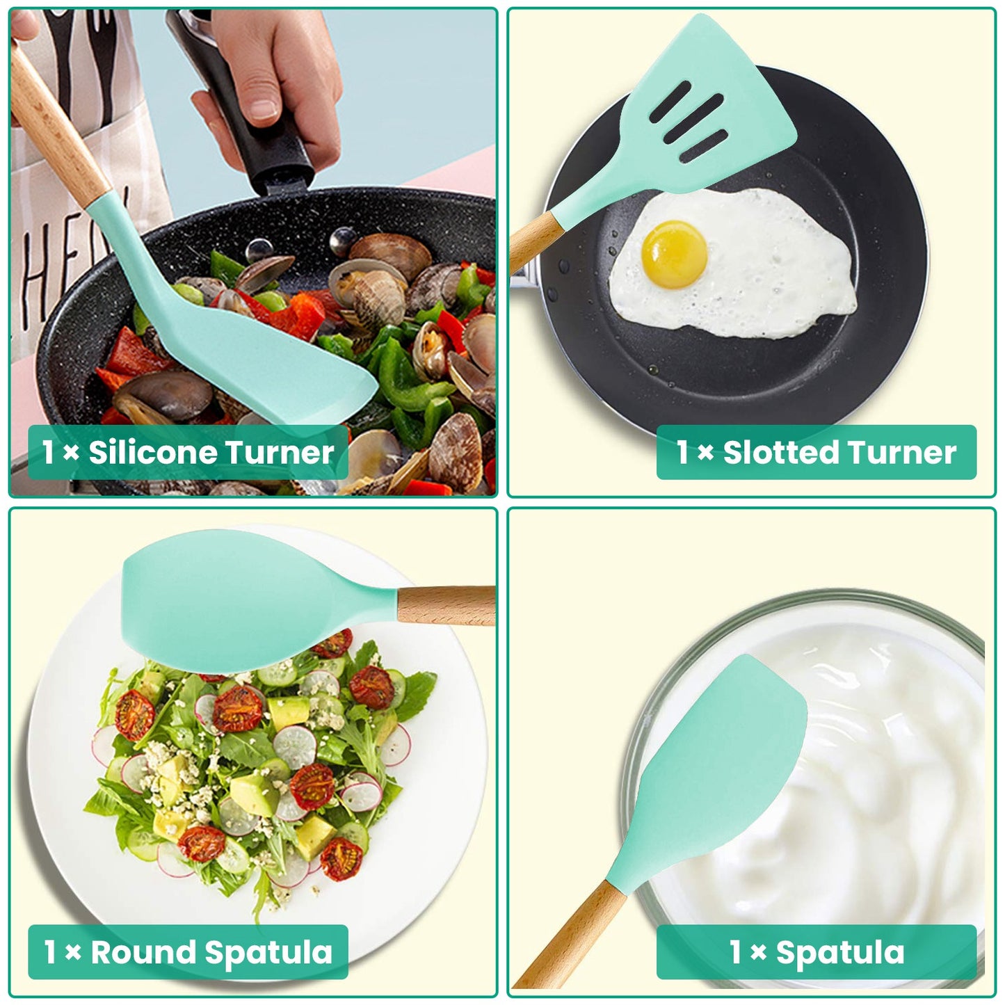 Four images showing mint green silicone kitchen utensils with wooden handles: a turner, slotted turner, round spatula, and spatula.