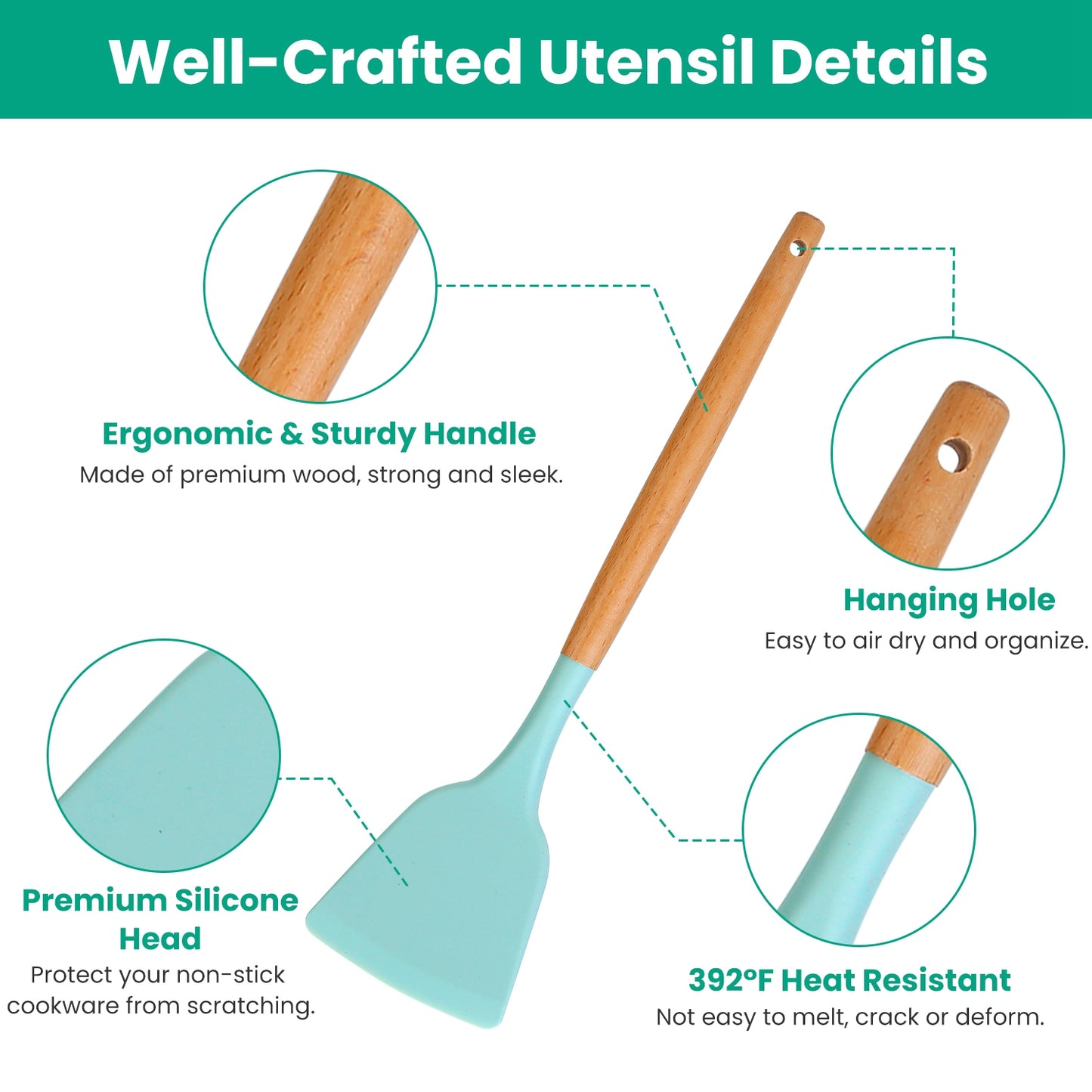 Light blue silicone spatula with a natural wood handle, showing ergonomic design, hanging hole, and heat resistance.