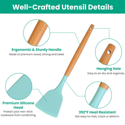 Light blue silicone spatula with a natural wood handle, showing ergonomic design, hanging hole, and heat resistance.