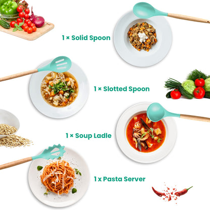 Teal silicone and wood kitchen utensils: solid spoon, slotted spoon, soup ladle, and pasta server.