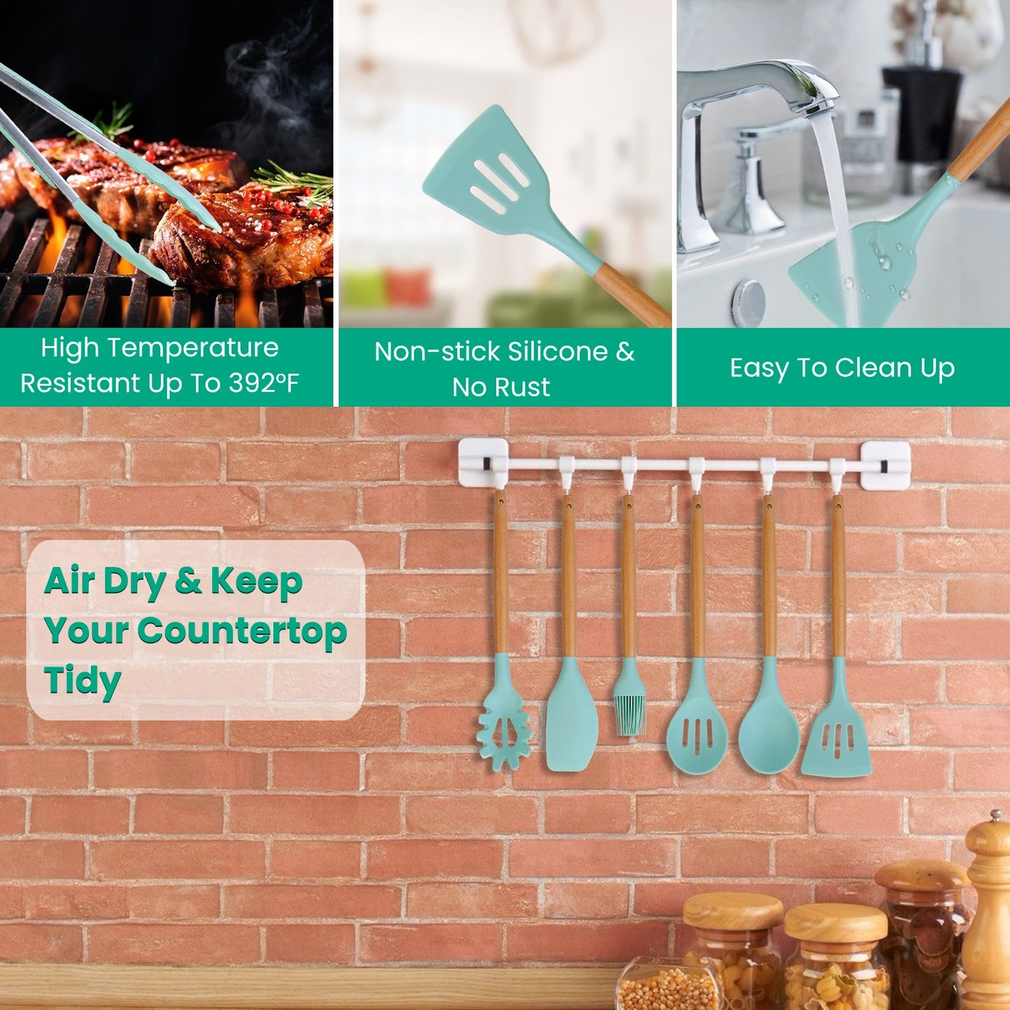 Mint green silicone and wood kitchen utensils hanging on a white rack above a brick wall.