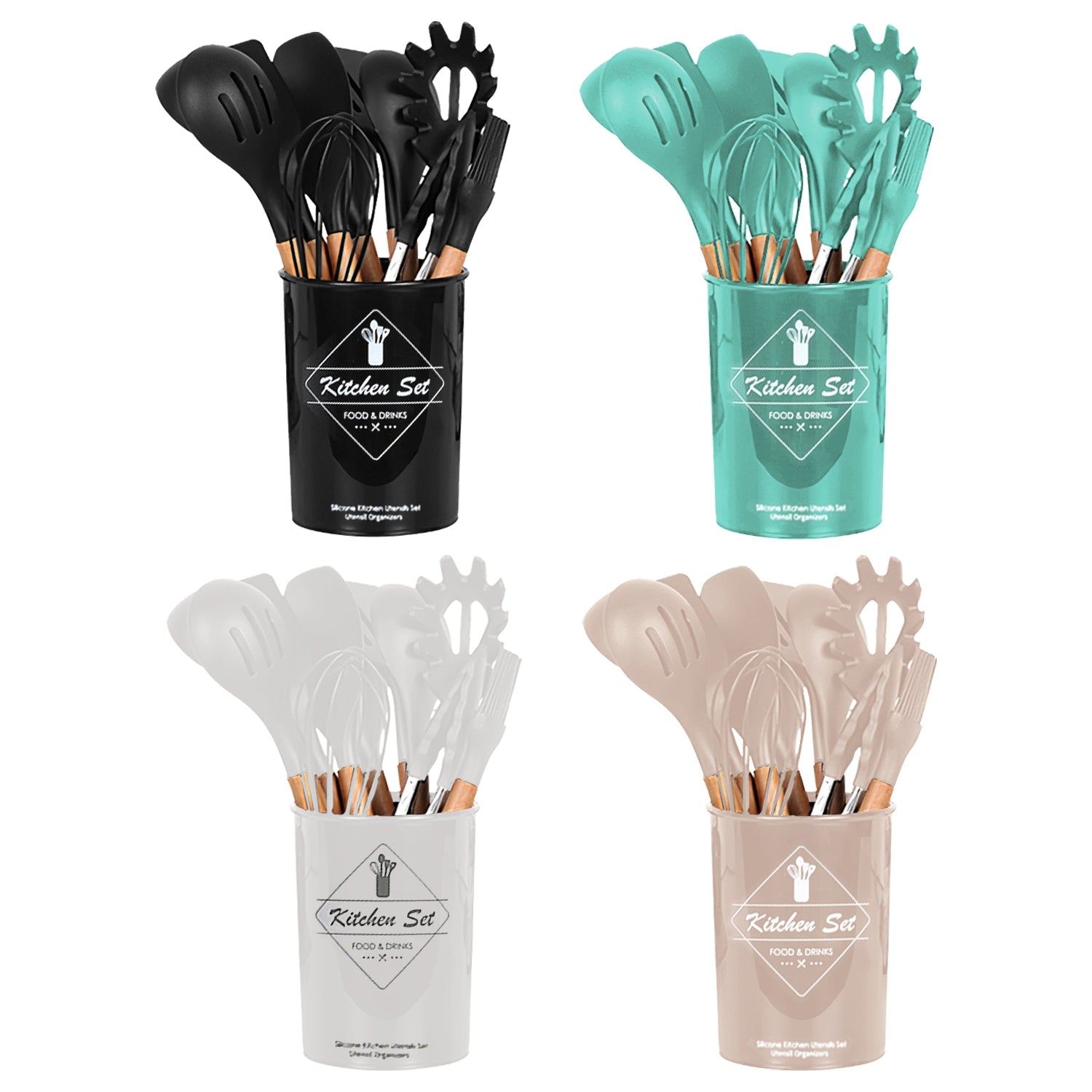 Four 35-piece silicone kitchen utensil sets with wood handles in black, teal, white, and khaki holders.