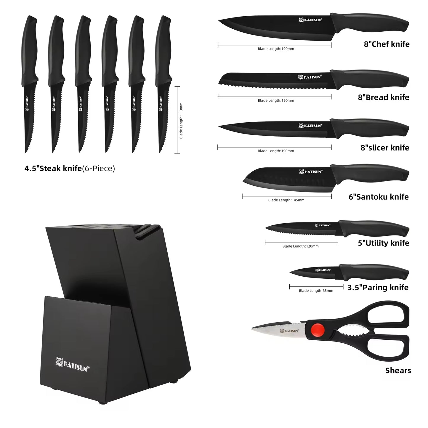 Black 15-piece Spectrum Chef knife set with block, high-carbon stainless steel blades, and ergonomic handles.