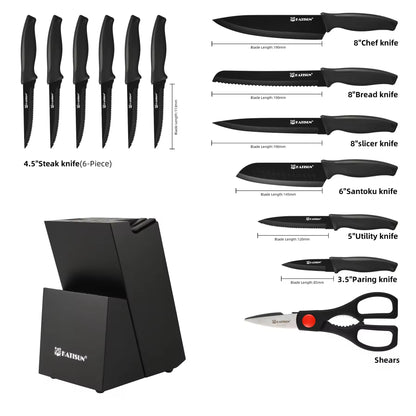 Black 15-piece Spectrum Chef knife set with block, high-carbon stainless steel blades, and ergonomic handles.