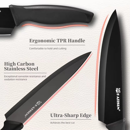 Black high-carbon stainless steel knife with ergonomic TPR handle and ultra-sharp edge.