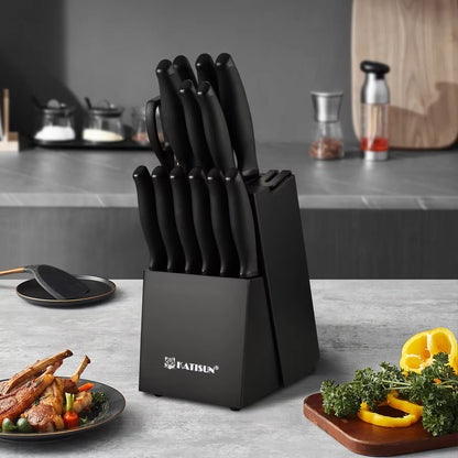 Black 15-piece knife set with matching block, high-carbon stainless steel blades, and ergonomic black handles.