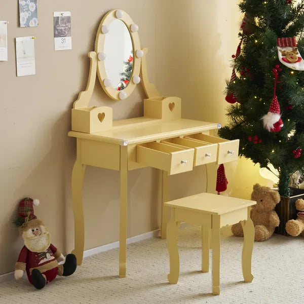 Macaroon Orange "Sweet Sunset" 5-drawer glow vanity and matching stool with lighted mirror.