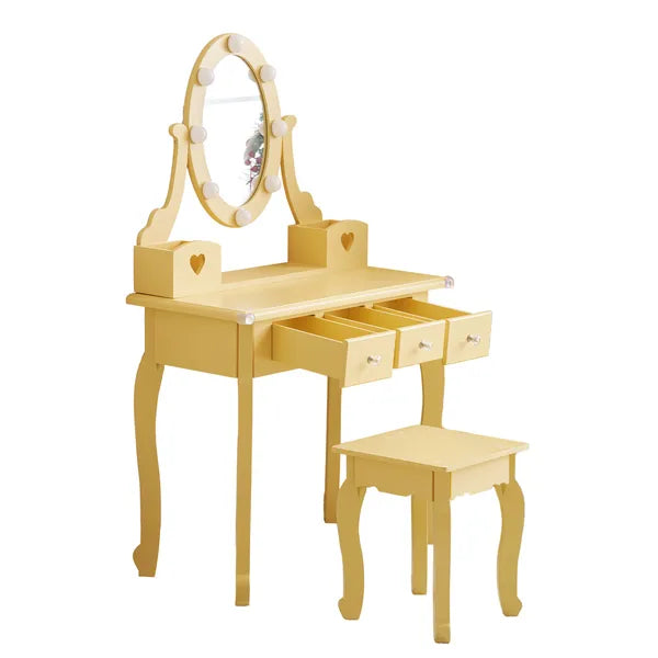 Macaroon Orange 5-drawer glow vanity and matching stool with lighted oval mirror.