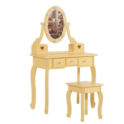 Macaroon Orange "Sweet Sunset" 5-drawer vanity and stool set with lighted oval mirror.