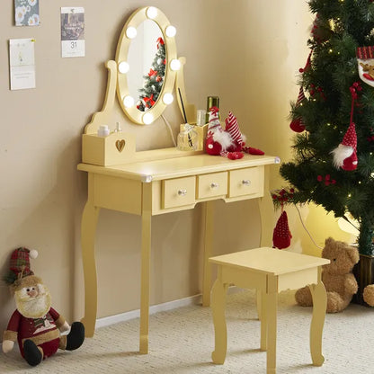 Macaroon Orange "Sweet Sunset" 5-drawer vanity with lighted oval mirror and matching stool.