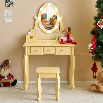 Macaroon Orange vanity with lighted oval mirror, 5 drawers, and matching stool.