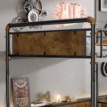 Industrial black Twin XL-over-Twin XL detachable bunk bed with wood-look panels and bronze pipe accents.