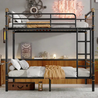 Industrial black Twin XL-over-Twin XL detachable bunk bed with gold accents and ladder.