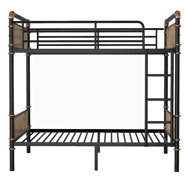 Industrial black Twin XL-over-Twin XL detachable metal bunk bed with wood-look panels and ladder.