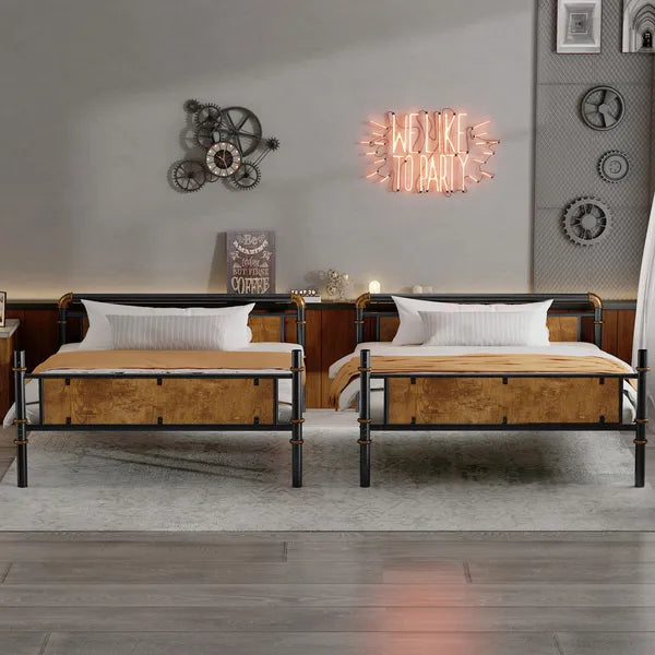 Two detached Twin XL industrial black metal beds with rustic wood paneling in an urban loft room.