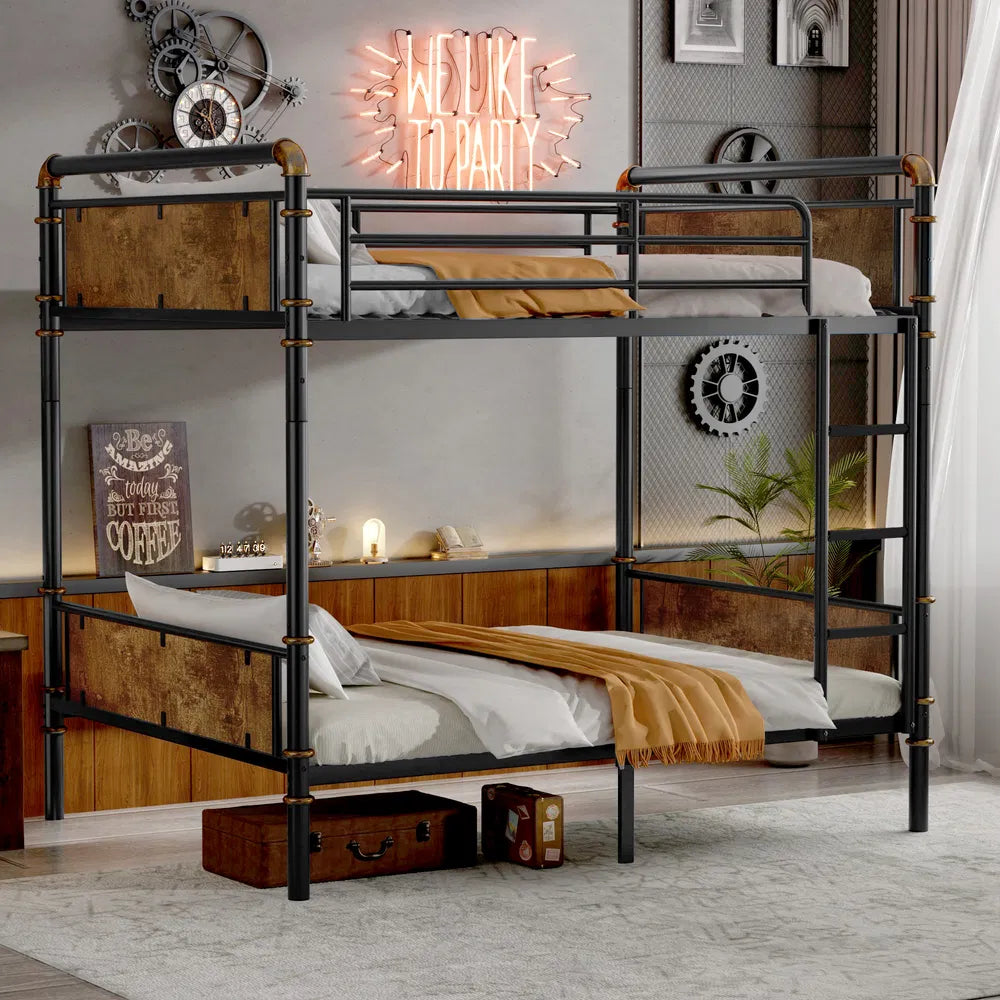 Industrial black Twin XL-over-Twin XL detachable bunk bed with rustic wood panels and metal frame.