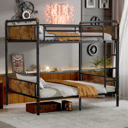 Industrial black Twin XL-over-Twin XL detachable bunk bed with rustic wood panels and metal frame.