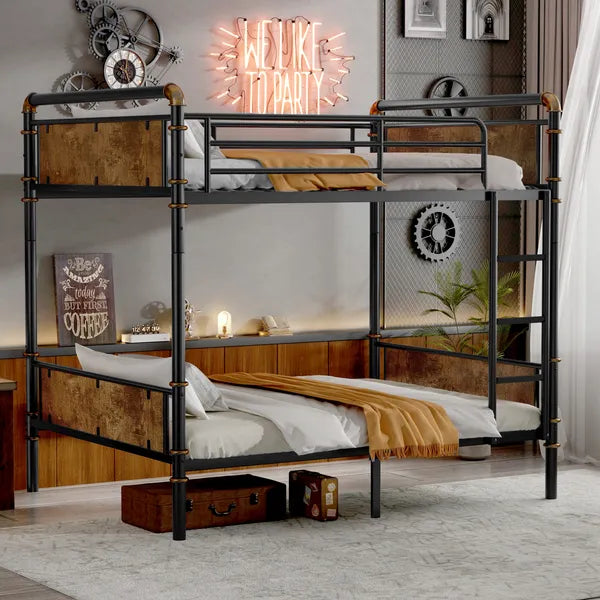 Industrial black Twin XL-over-Twin XL detachable bunk bed with wood-look panels and metal frame.