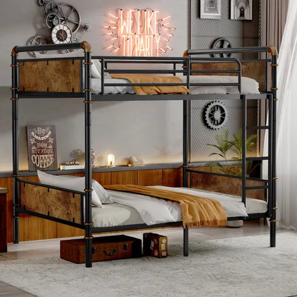Industrial black Twin XL-over-Twin XL detachable bunk bed with wood-look panels and metal frame.