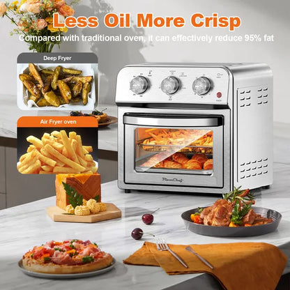 Silver stainless steel 13QT convection air fryer oven with food, showing crispy fries and roasted chicken.