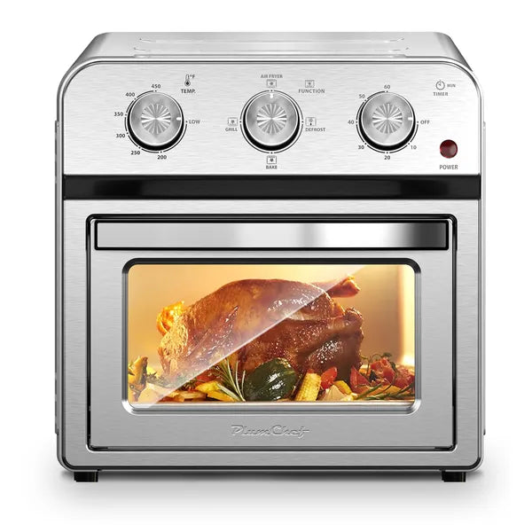 Sleek stainless steel 13QT convection air fryer with a roasted chicken visible through the glass door.