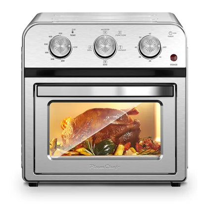 Sleek stainless steel 13QT convection air fryer with a roasted chicken visible through the glass door.