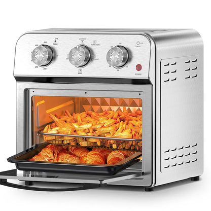 Silver stainless steel 13QT air fryer convection oven with fries and croissants cooking inside.