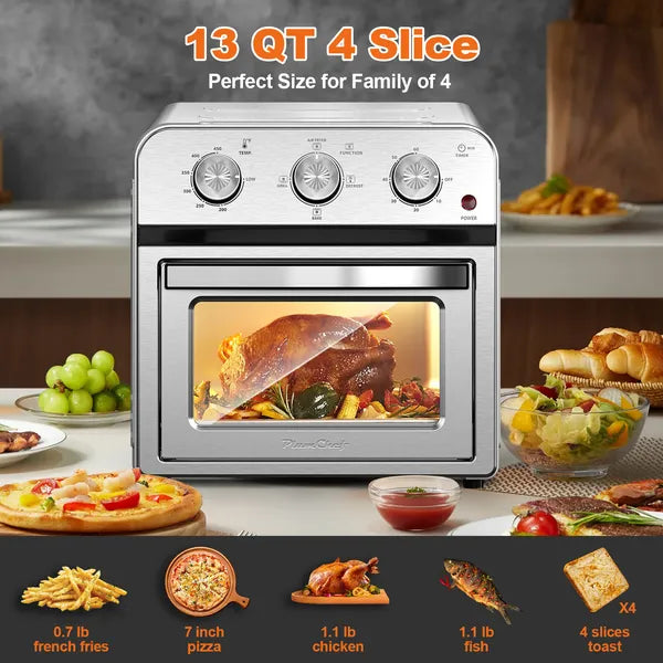 Silver stainless steel 13QT convection air fryer oven cooking a whole chicken, surrounded by various foods.