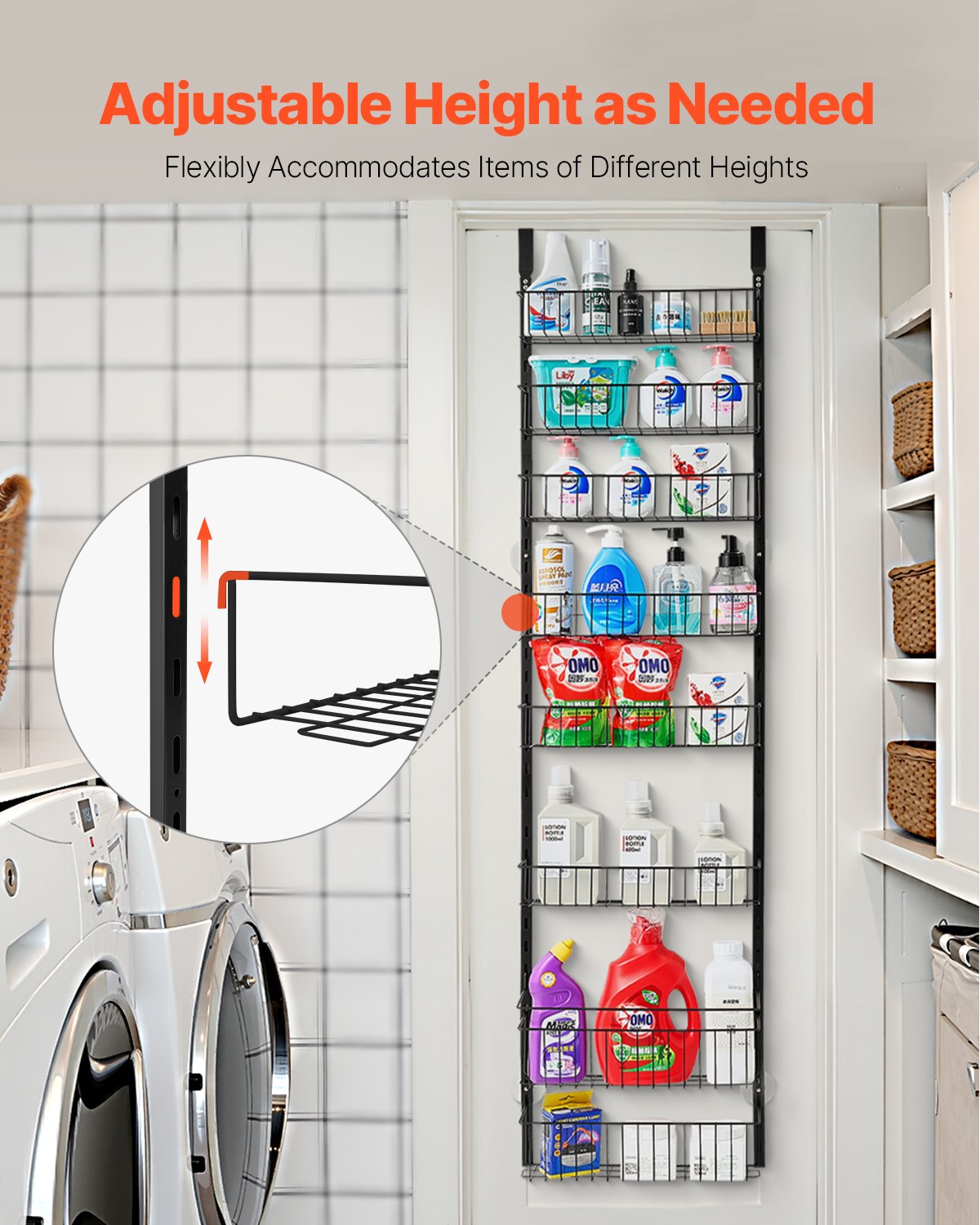Black 8-tier over-door organizer with adjustable wire baskets, holding various cleaning supplies.