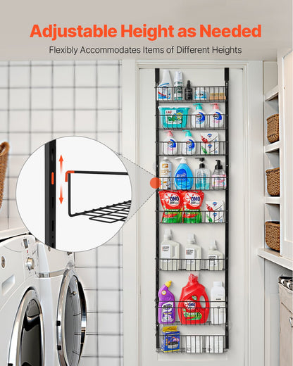 Black 8-tier over-door organizer with adjustable wire baskets, holding various cleaning supplies.