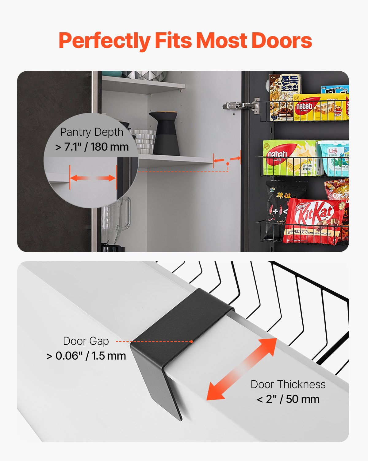 Black metal 8-tier over-door pantry organizer with adjustable baskets, shown fitting various door dimensions.