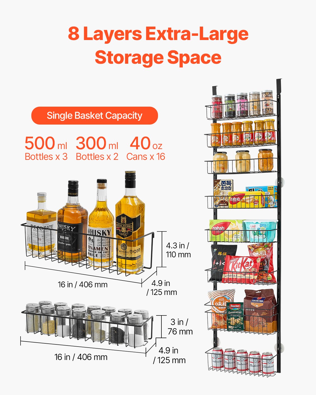 Black 8-tier over-door organizer with adjustable wire baskets, holding bottles, jars, and snacks.
