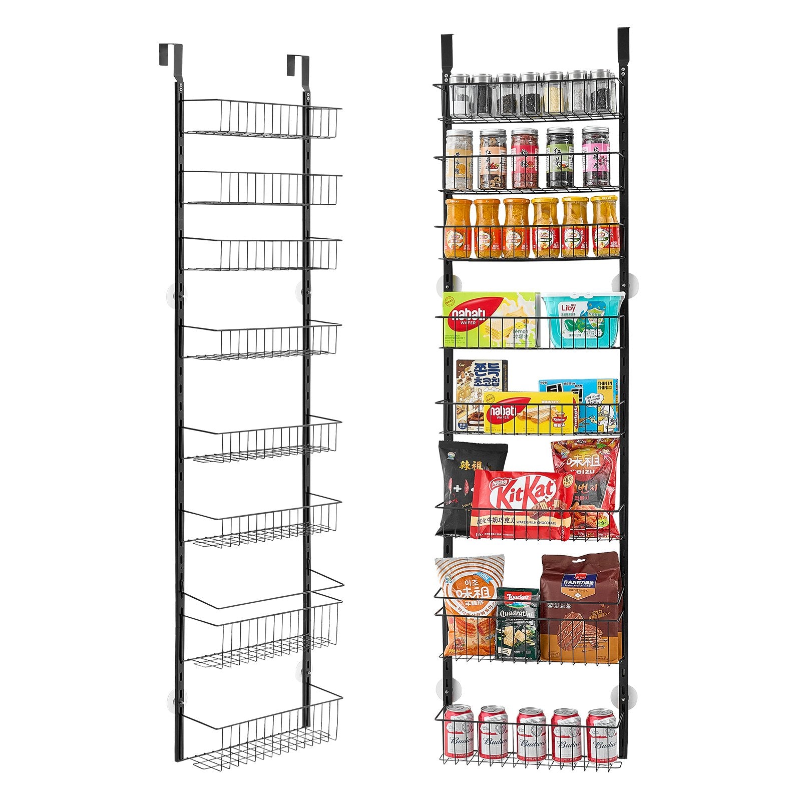Black 8-tier metal over-door organizer, shown empty and filled with spices, snacks, and drinks.
