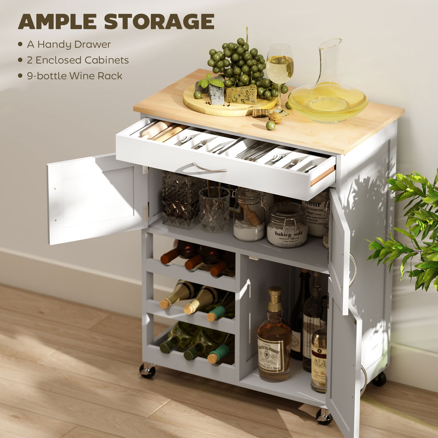 Crystal white rolling kitchen cart with wood top, 9-bottle wine rack, drawer, and double-door cabinet.